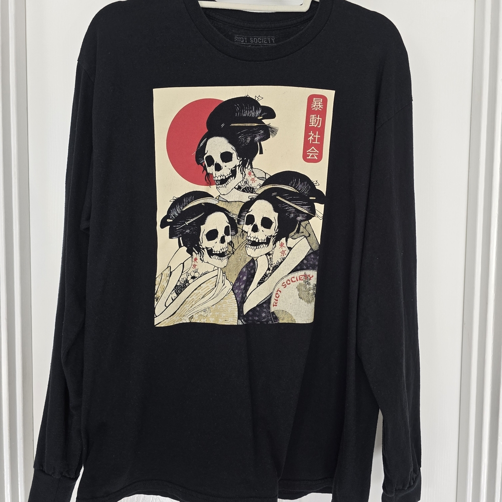 Riot Society Black Long Sleeve Graphic Tee Mens Size Large